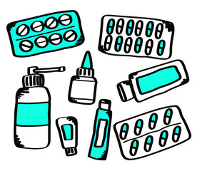 Collection of medicines on a white background. Vector illustration. 