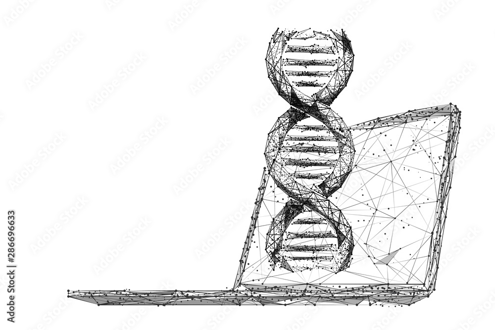 Leinwandbilder genetic engineering low poly wireframe illustration. 3d dna spiral and computer with connected dots.