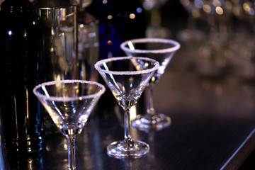 Set of collection empty cocktail glasses for bar drinks