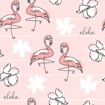 Tropical seamless pattern with cute hand drawn doodle animals, fruits, exotic plants and flowers. Cartoon summer background