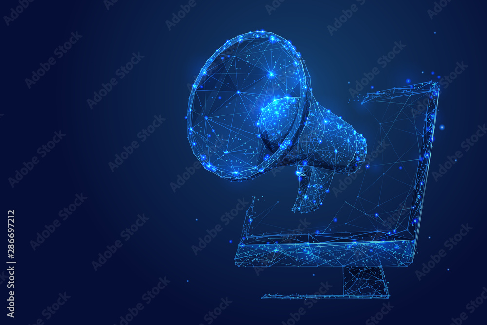 Poster digital marketing low poly wireframe illustration. polygonal online notification, internet targeted 