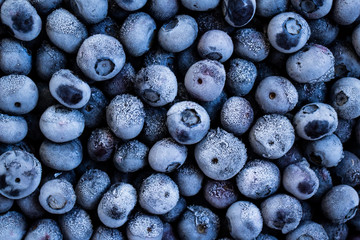 Frozen blueberries as background.  Healthy organic fruit. Natural antioxidant. Close up.