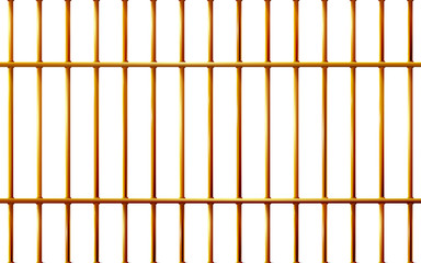 Realistic Jail bars golden, prison background iron interior. Yellow cells old. Banner vector detailed illustration metal lattice. Detention centre cell. Isolated way, freedom concept gold grid.