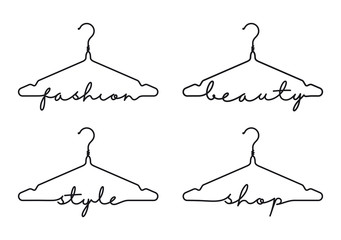 Vector set silhouette twisted wire coat hanger with text Fashion, Style, Beauty, Shop. Isolated on white background