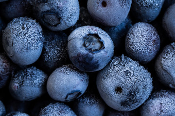 Frozen blueberries background. Healthy organic food. Close up.