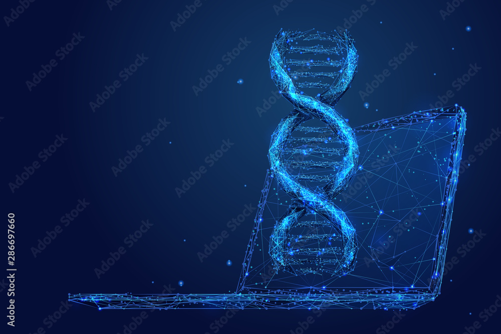 Leinwandbilder genetic engineering low poly wireframe illustration. 3d dna spiral and computer with connected dots.