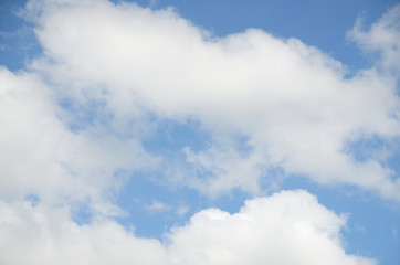 Cloudy sky, cumulus clouds lights in sun rays