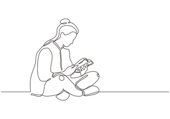 College girl study with reading a book continuous one line drawing, She sitting on the floor and enjoy the education.