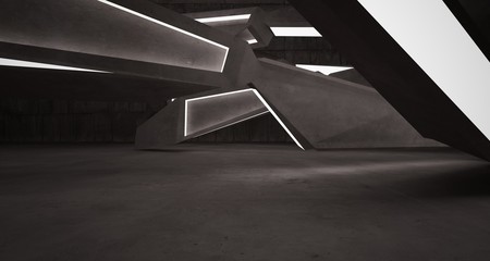 Abstract brown and beige  concrete interior with neon lighting. 3D illustration and rendering.