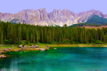 the carezza lake and the Catinaccio alto Adige Italy