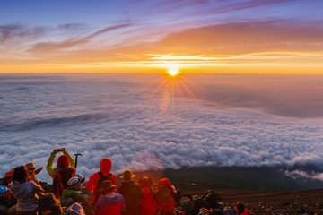 Crowds of climbers at the summit. Fuji mountain