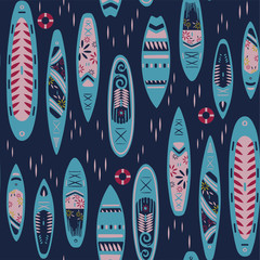 Stand Up Paddle Boarding SUP surfing colorful elements cute seamless pattern vector illustration with supboard, lifebuoy and wave on a dark blue background