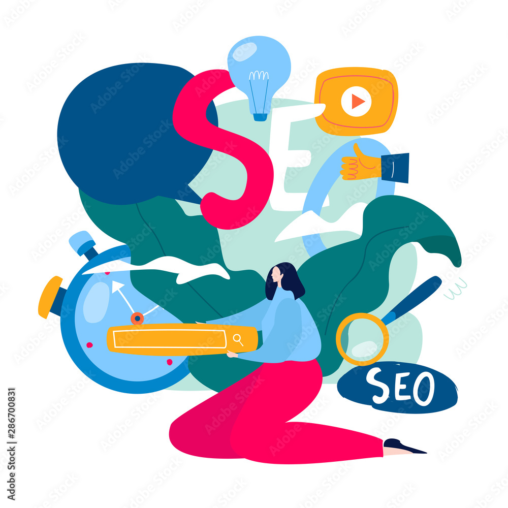 Poster seo, search engine optimization, keyword research, market research flat vector illustration. seo con