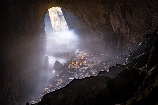 Arriving at first doline and camp in Son Doong cave, Vietnam