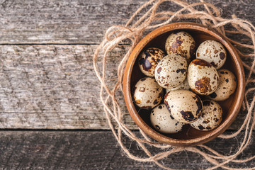 Quail eggs. Top view. Copy space
