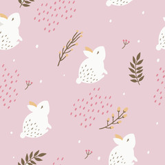 Seamless Cute Bunny Rabbit Pattern on Pink Pastel Background with Floral Elements.