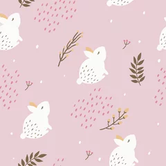 Foto op Plexiglas Meisjeskamer Naadloze Cute Bunny Rabbit patroon op roze pastel achtergrond met florale elementen.