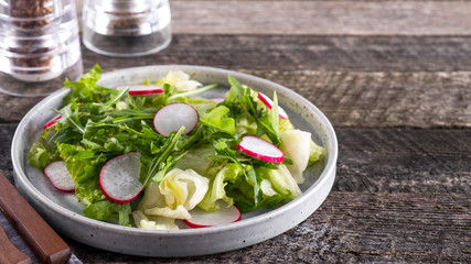 Radish salad with arugula and lettuce. Copy space.