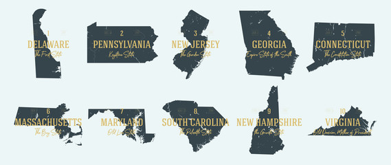 Set 1 of 5 Highly detailed vector silhouettes of USA state maps with names and territory nicknames