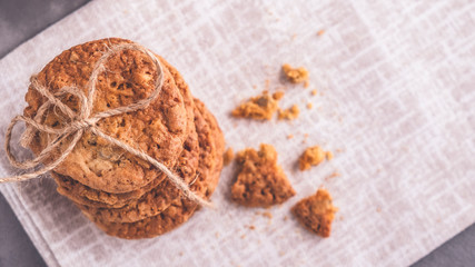 Top view of chip cookies on napkin with copy space. Top view. Toned photo