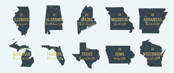Set 3 of 5 Highly detailed vector silhouettes of USA state maps with names and territory nicknames