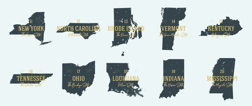 Set 2 Of 5 Highly Detailed Vector Silhouettes Of USA State Maps With Names And Territory Nicknames