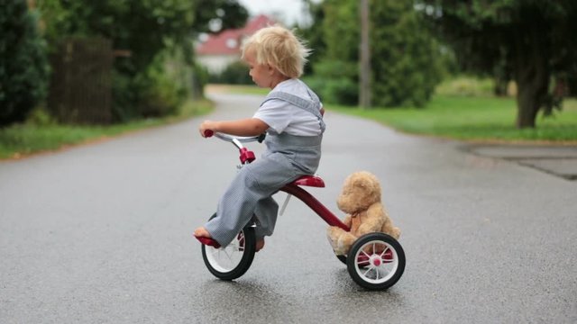 Cute little boy, with teddy bear toy, riding tricycle on the street in the rain, barefeet, summertime