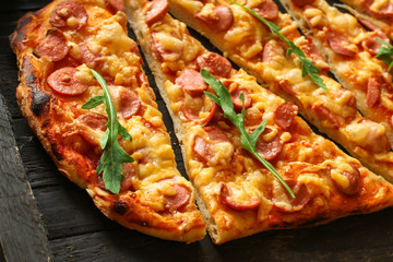 pizza, sausages, cheese, tomato sauce (and other ingredients) menu concept. food background. copy space