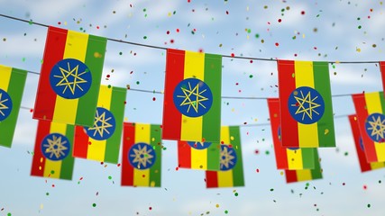 Ethiopian flags in the sky with confetti.