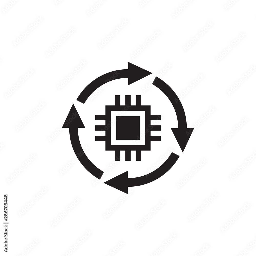 Aufkleber cpu - black icon design. computer chip processor with cycle arrows. vector illustration.