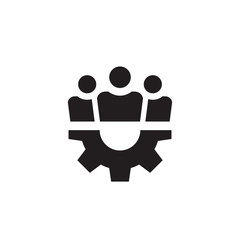 Grop people with gear black icon design. Fiendship teamwork sign. Social media symbol. Vector illustration. 