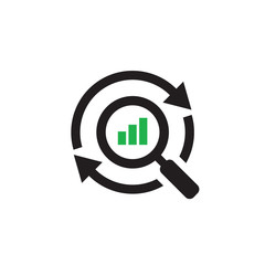 Magnifier with finance growth graphic and arrows. Web icon design. Exchange market symbol. Vector illustration. 
