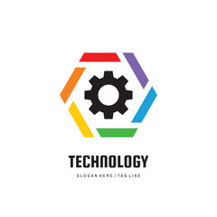 Technology vector logo design. Gear in hexagon shape icon sign.