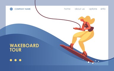 Vector concept landing page template with woman on wakeboard, decorated with blue wave. Dynamic banner good for web site sport and sea activities and ocean recreation