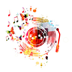 Music background with colorful vinyl record disc and music notes vector illustration design. Artistic music festival poster, events, party flyer, music notes signs and symbols