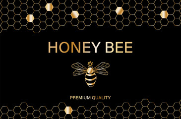 Honey bee golden label Vector. Product placement quality template posters