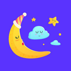 Cute moon slept beside with clouds and little stars.