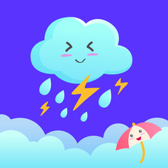 Cute cloud and thunder with little umbrella, Weather symbol.