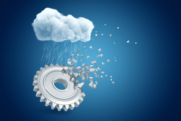 3d rendering of big metal cogwheel starting to dissolve from one side, under raining cloud on blue gradient background with copy space.