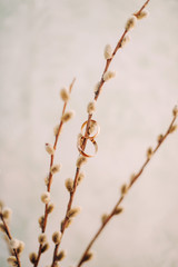 Wedding accessories bride and groom. Wedding bouquet, groom’s boutonniere, rings, floristry and decorations