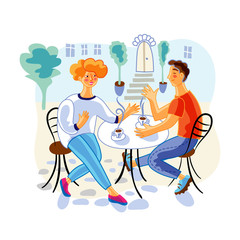 Couple in street cafe flat vector illustration