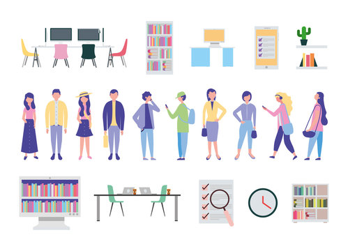 young people and office equipment icons