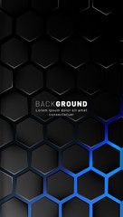 Vertical hexagon background. Gradient color light pattern with dark background technology style. Honeycomb. Vector illustration of light.