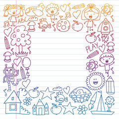 Fototapeta na wymiar Seamless vector set of Back to School icons in doodle style. Painted, colorful, pictures on a piece of paper on white background.