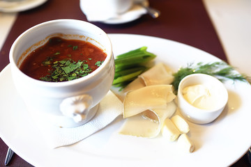 borsch restaurant / serving Russian national dishes, borsch in a restaurant, Russian cuisine