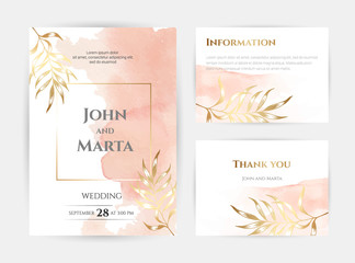 Obraz na płótnie Canvas wedding invitation templates. Cover design with gold leaves ornaments. set with hand drawn watercolor background. Vector eps10.