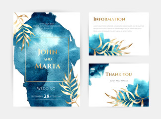 wedding invitation templates. Cover design with gold leaves ornaments. set with hand drawn watercolor background. Vector eps10.