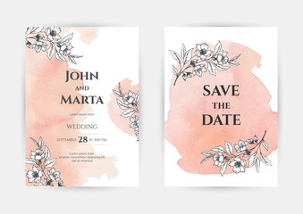 Obraz premium wedding invitation templates. Cover design with gold leaves ornaments. set with hand drawn watercolor background. Vector eps10.