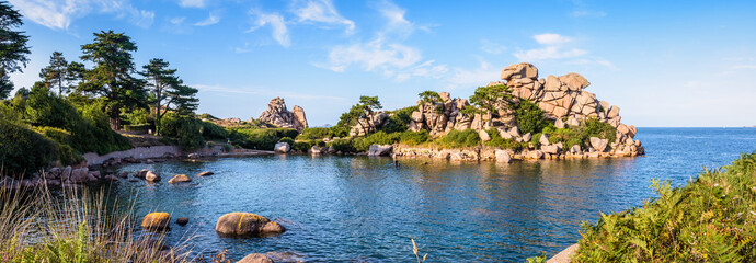 Panoramic view of the Pors Rolland creek on the Pink Granite Coast in northern Brittany, France, an...
