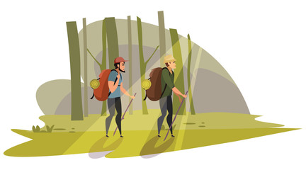Tourist walking in woods vector illustration